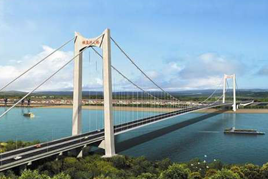 湖北棋盤洲長(zhǎng)江公路大橋?yàn)榈劐^式懸索橋,主跨1038米。.jpg